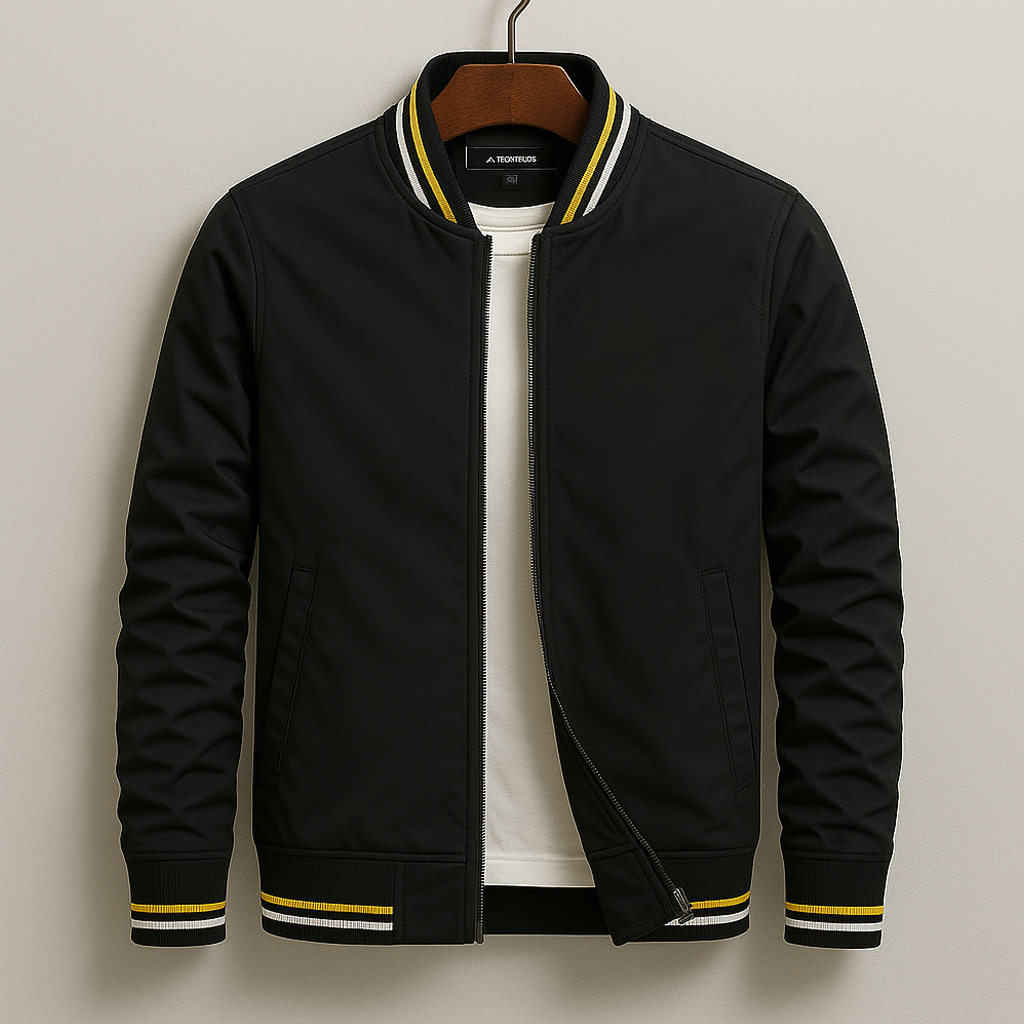 Men's Bomber Jacket Zip-Up Striped Ribbed Collar - Black