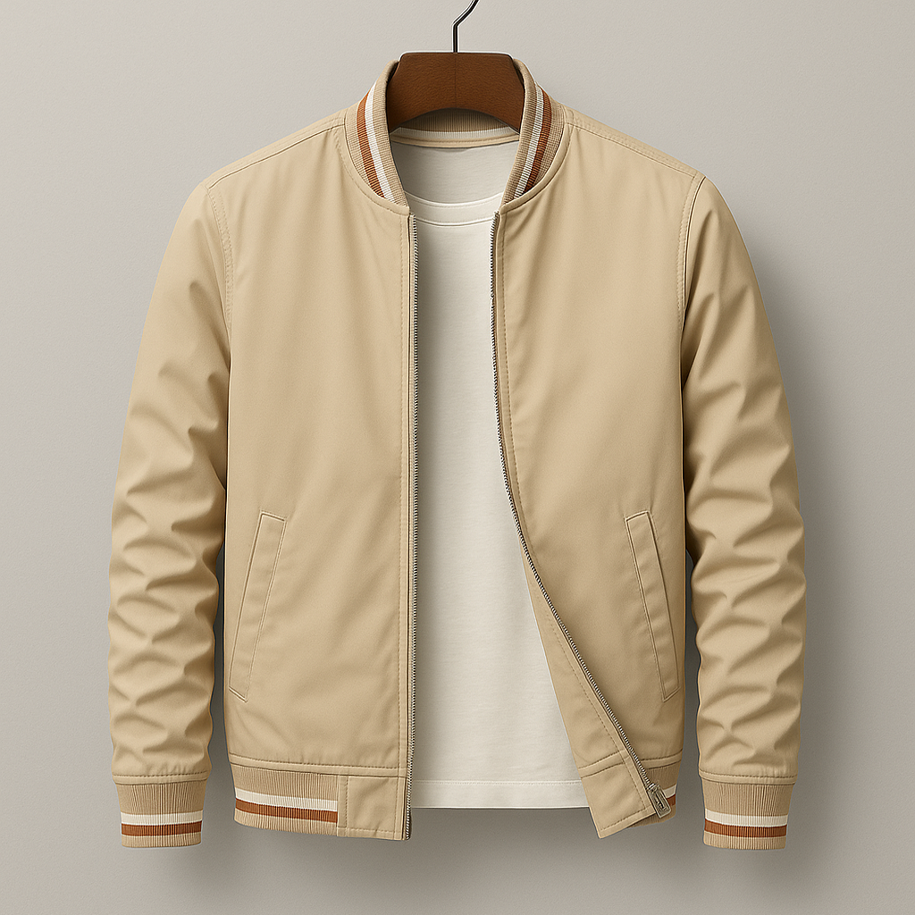 Men's Bomber Jacket Zip-Up Striped Ribbed Collar - Beige