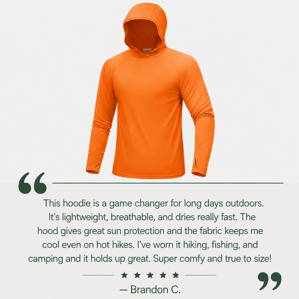 Men's long-sleeve hooded pullover shown in orange and light grey