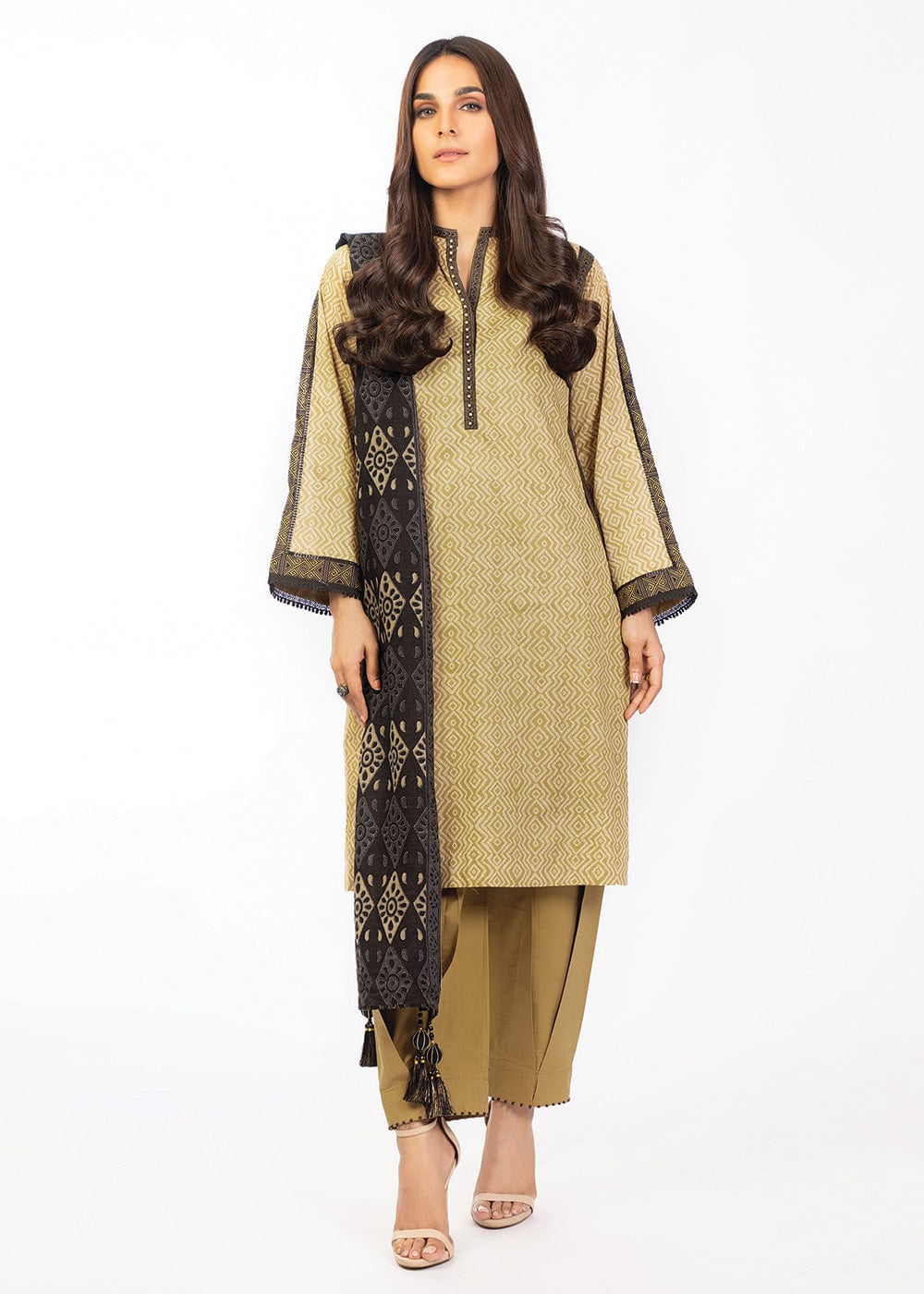 Women's olive geometric shirt and dupatta set with long sleeves