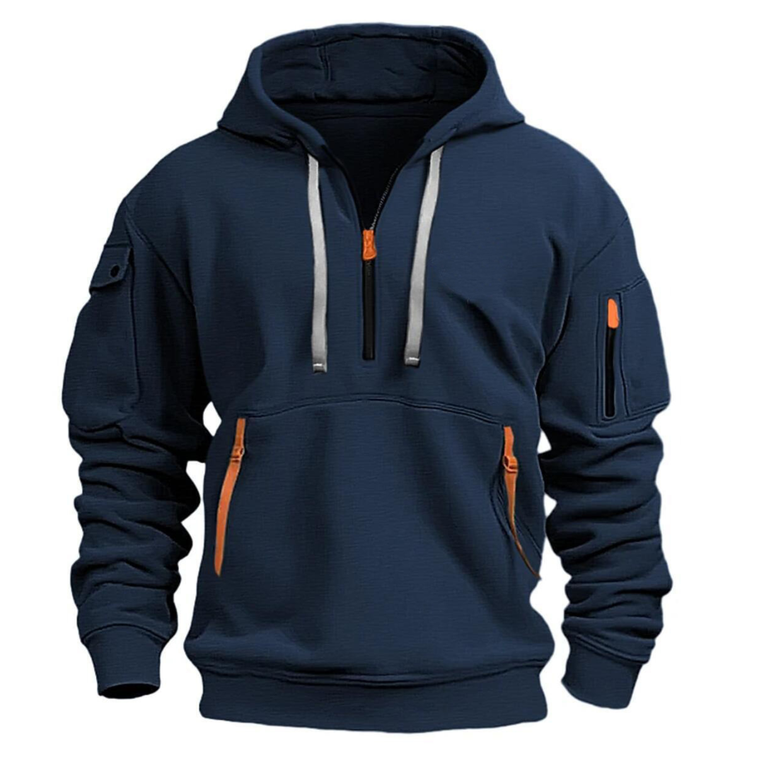 Men's hooded half-zip sweatshirt with zipped pockets and long sleeves