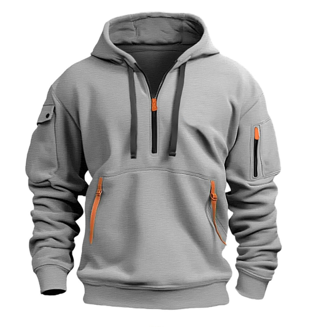 Men's hooded half-zip sweatshirt with zipped pockets and long sleeves