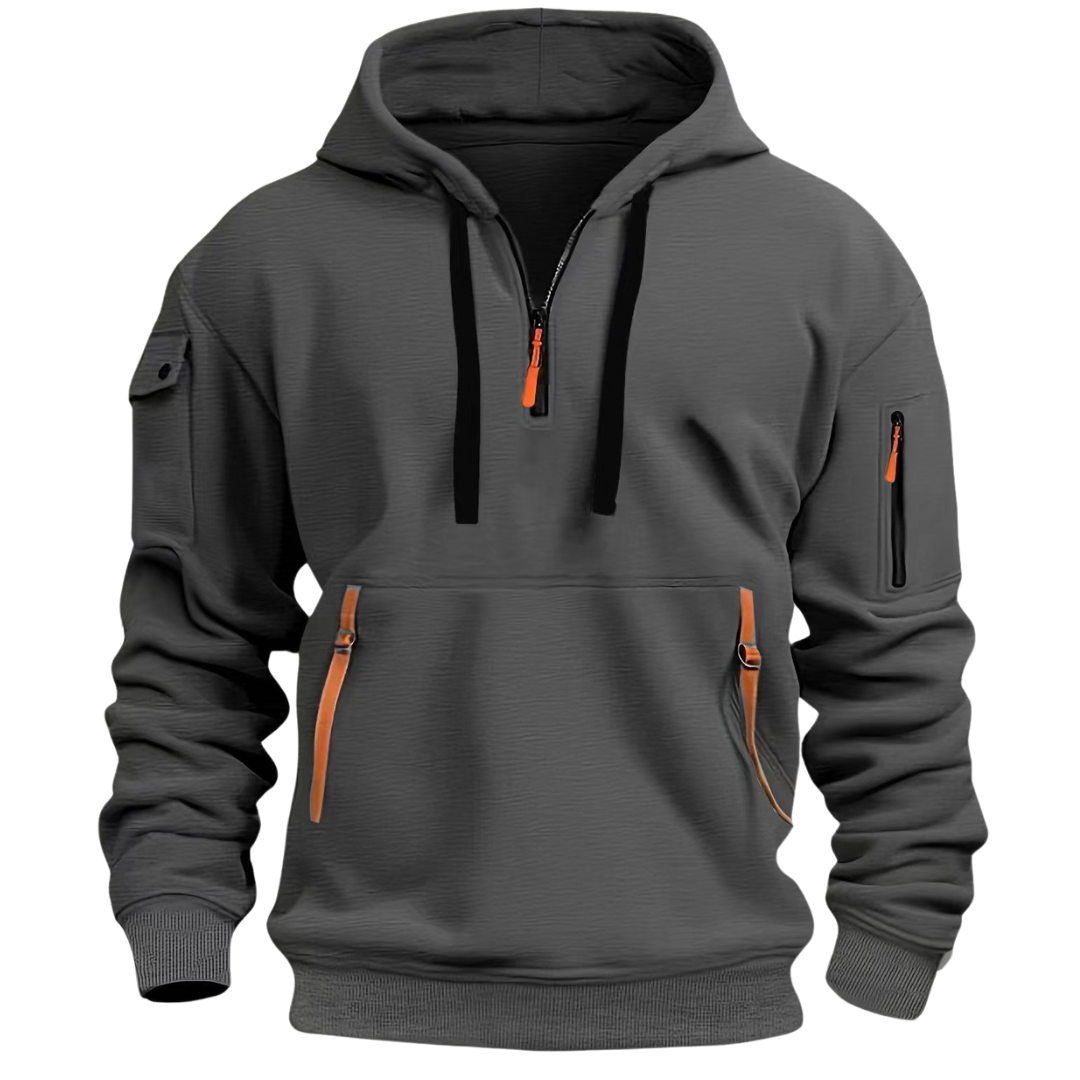 Men's hooded half-zip sweatshirt with zipped pockets and long sleeves