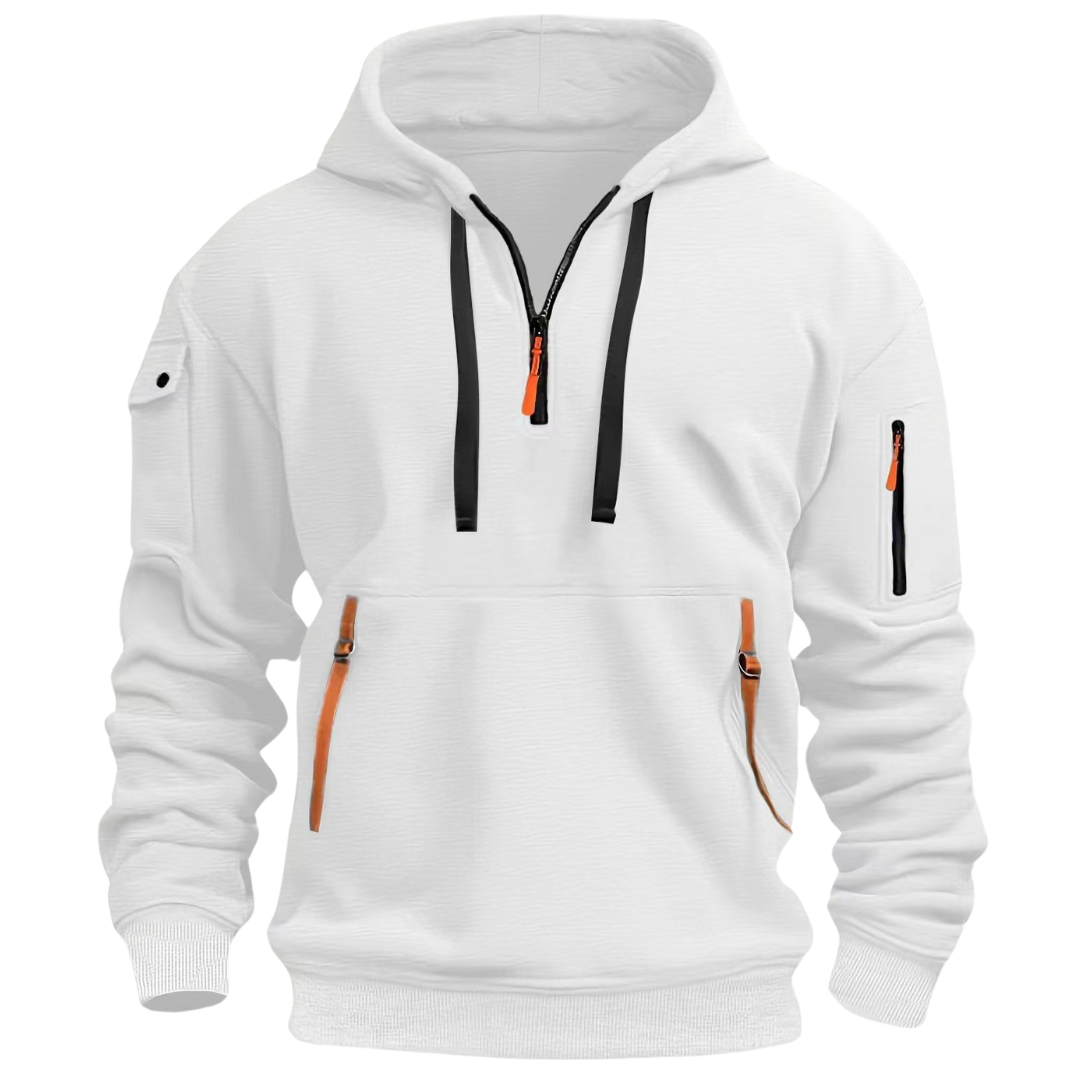 Men's hooded half-zip sweatshirt with zipped pockets and long sleeves