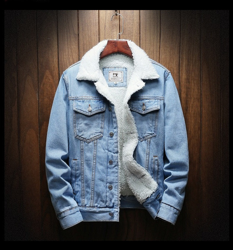 Men's denim jacket with contrasting white fleece lining, button front and chest pockets