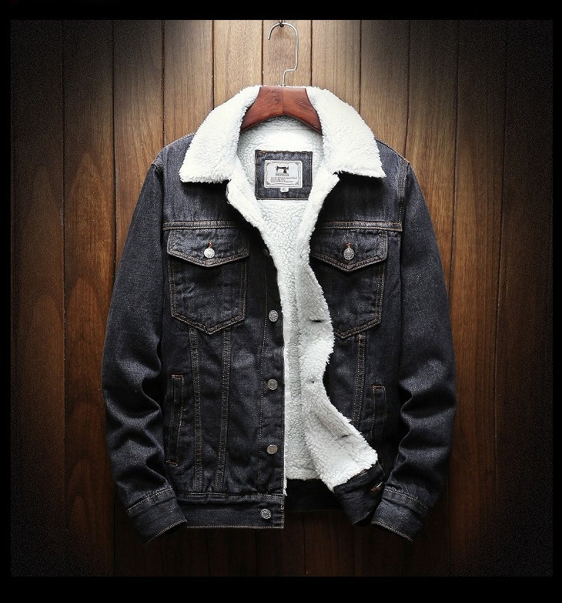 Men's denim jacket with contrasting white fleece lining, button front and chest pockets
