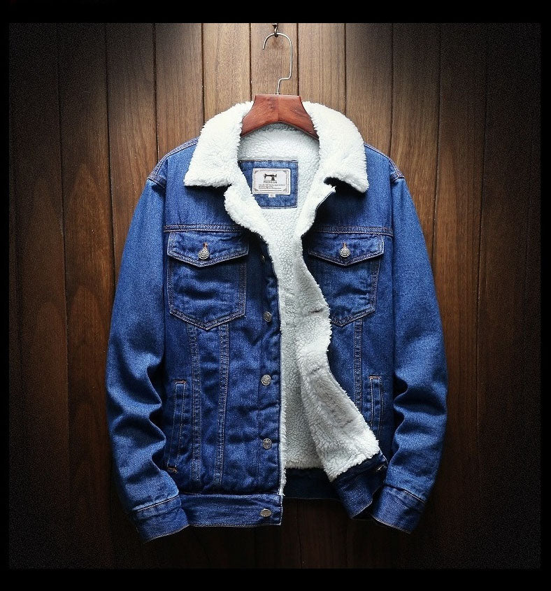 Men's denim jacket with contrasting white fleece lining, button front and chest pockets