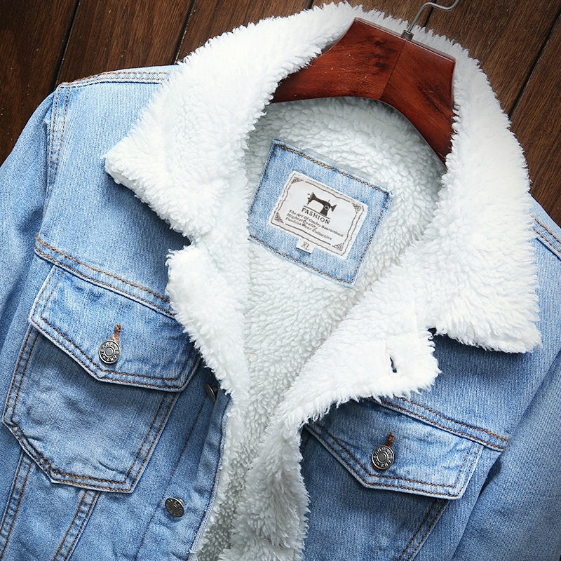 Men's denim jacket with contrasting white fleece lining, button front and chest pockets