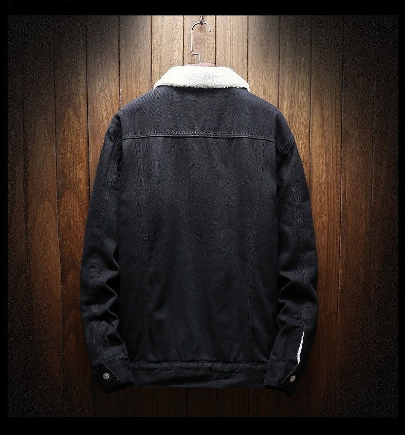 Men's denim jacket with contrasting white fleece lining, button front and chest pockets