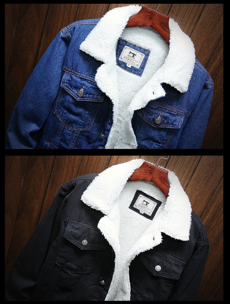 Men's denim jacket with contrasting white fleece lining, button front and chest pockets