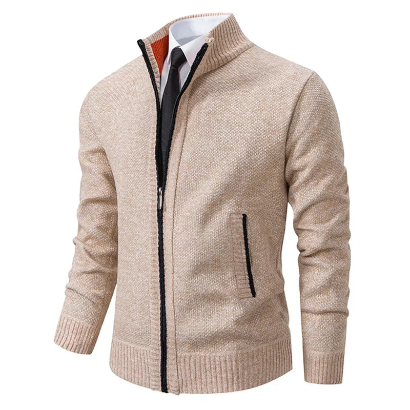 Men's textured zip-up sweater with mock neck and front zip pockets