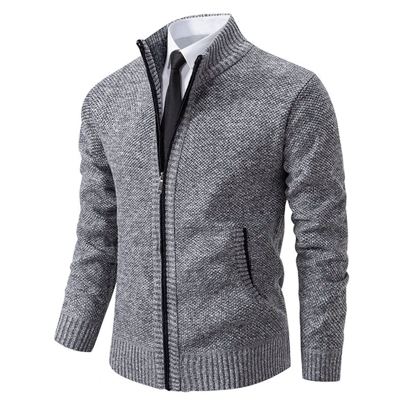 Men's textured zip-up sweater with mock neck and front zip pockets