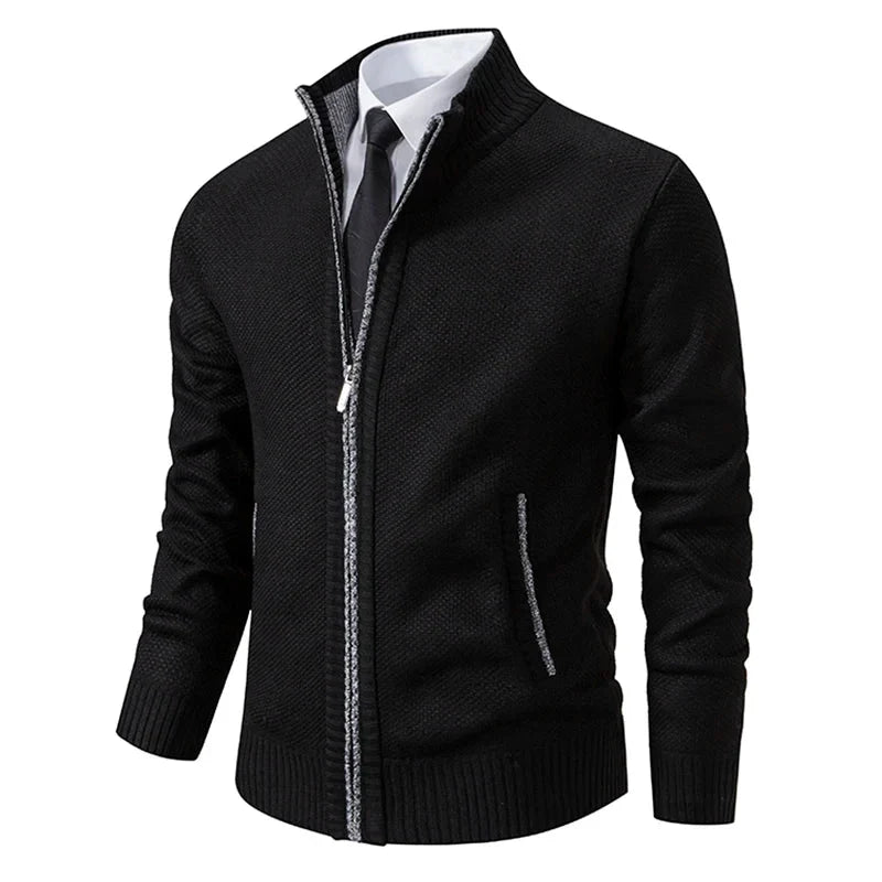 Men's textured zip-up sweater with mock neck and front zip pockets