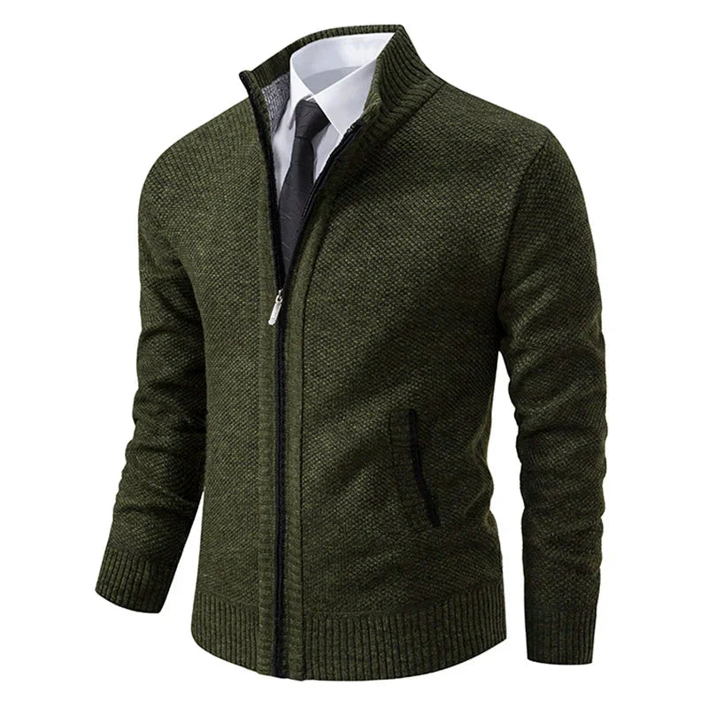 Men's textured zip-up sweater with mock neck and front zip pockets