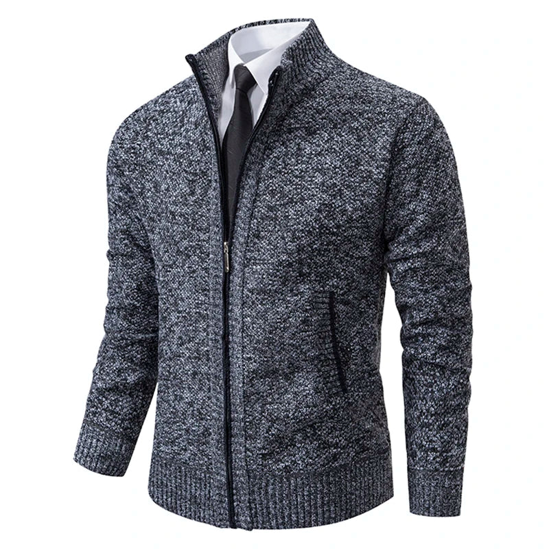 Men's textured zip-up sweater with mock neck and front zip pockets