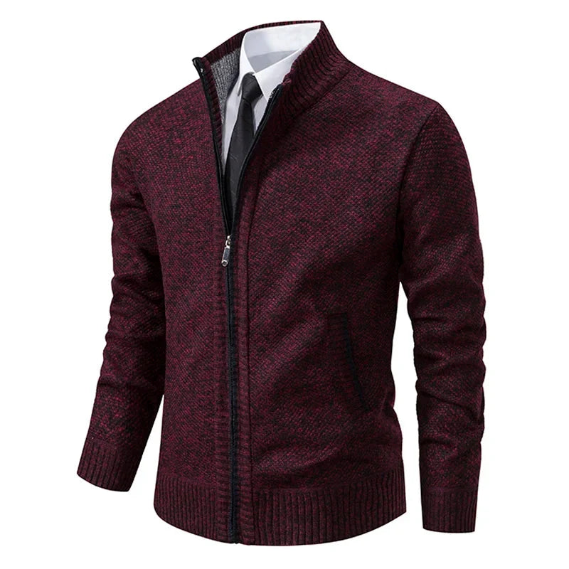 Men's textured zip-up sweater with mock neck and front zip pockets