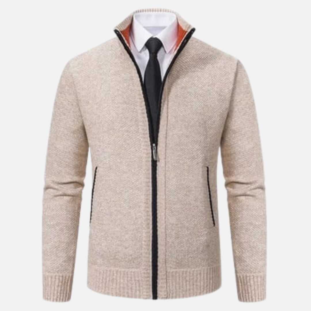 Men's textured zip-up sweater with mock neck and front zip pockets