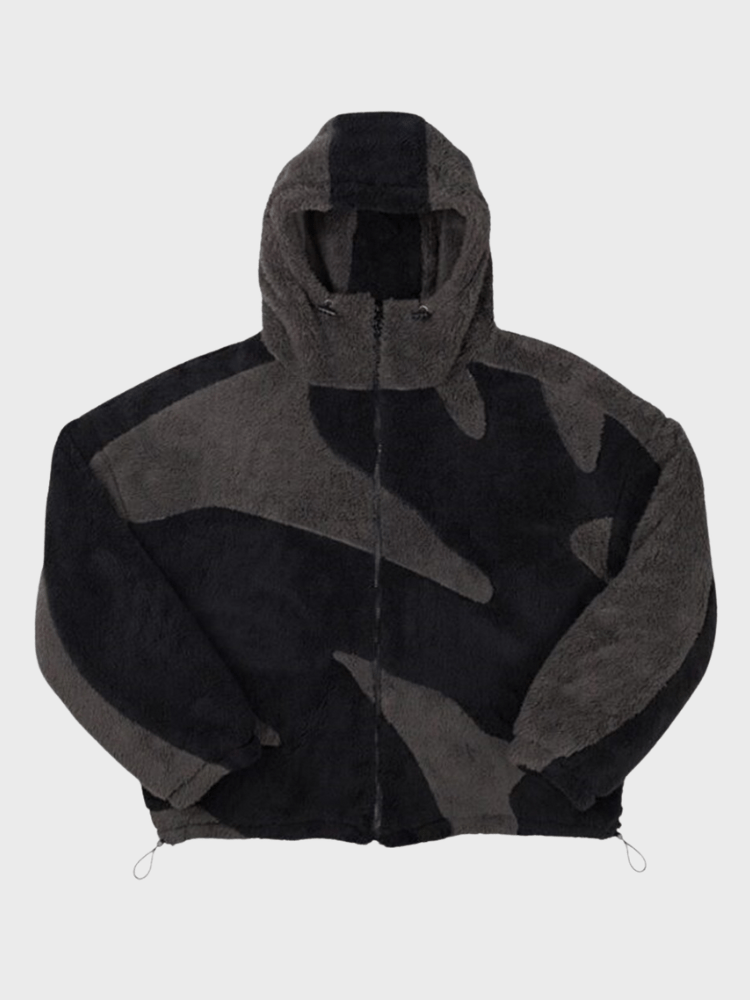 Men's hooded fleece jacket with geometric tonal panels and front zip