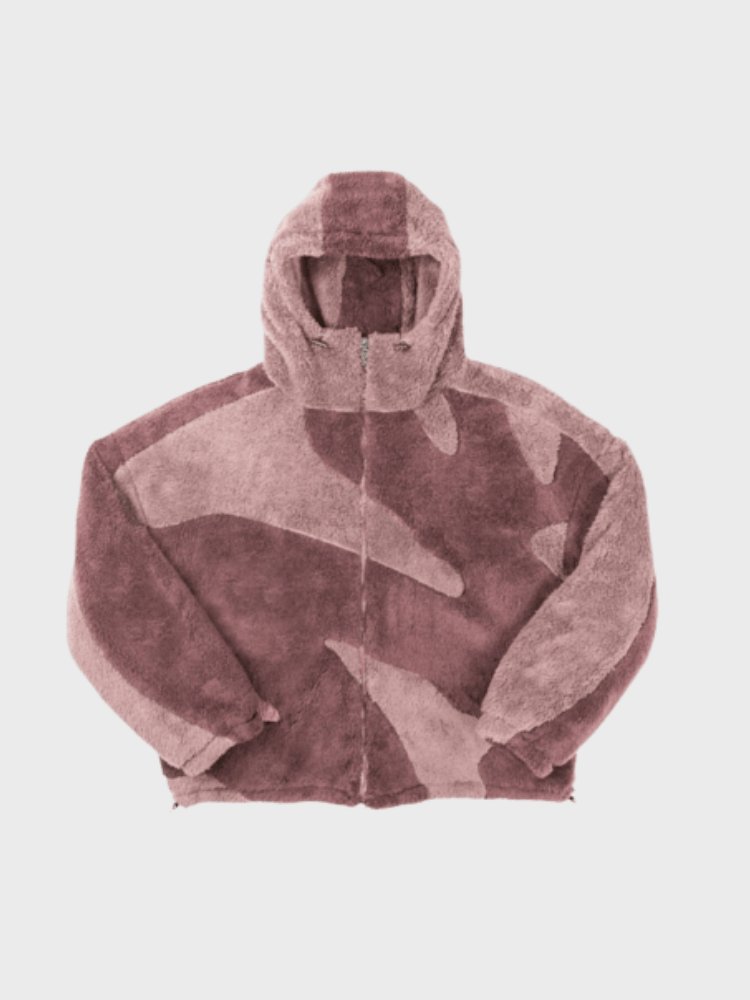 Men's hooded fleece jacket with geometric tonal panels and front zip