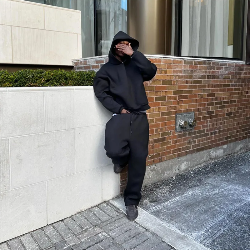 Unisex hooded sweatshirt and jogger set with drawstring trousers