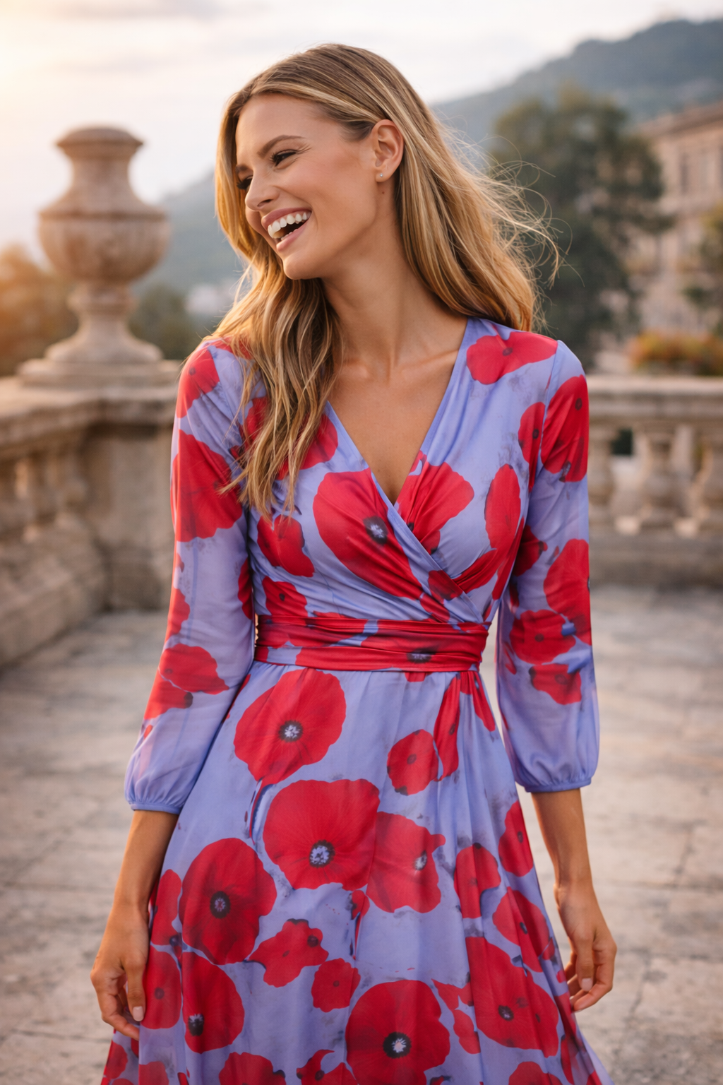 Women’s Floral Wrap Midi Dress | Blue Red