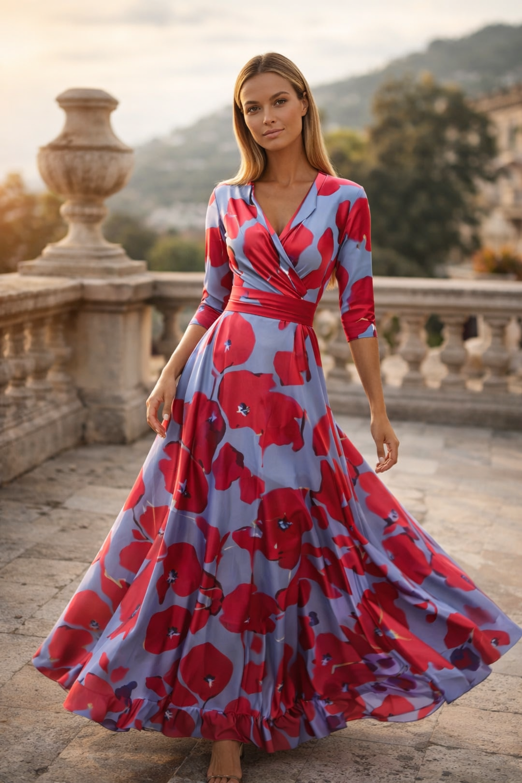 Women’s Floral Wrap Midi Dress | Blue Red