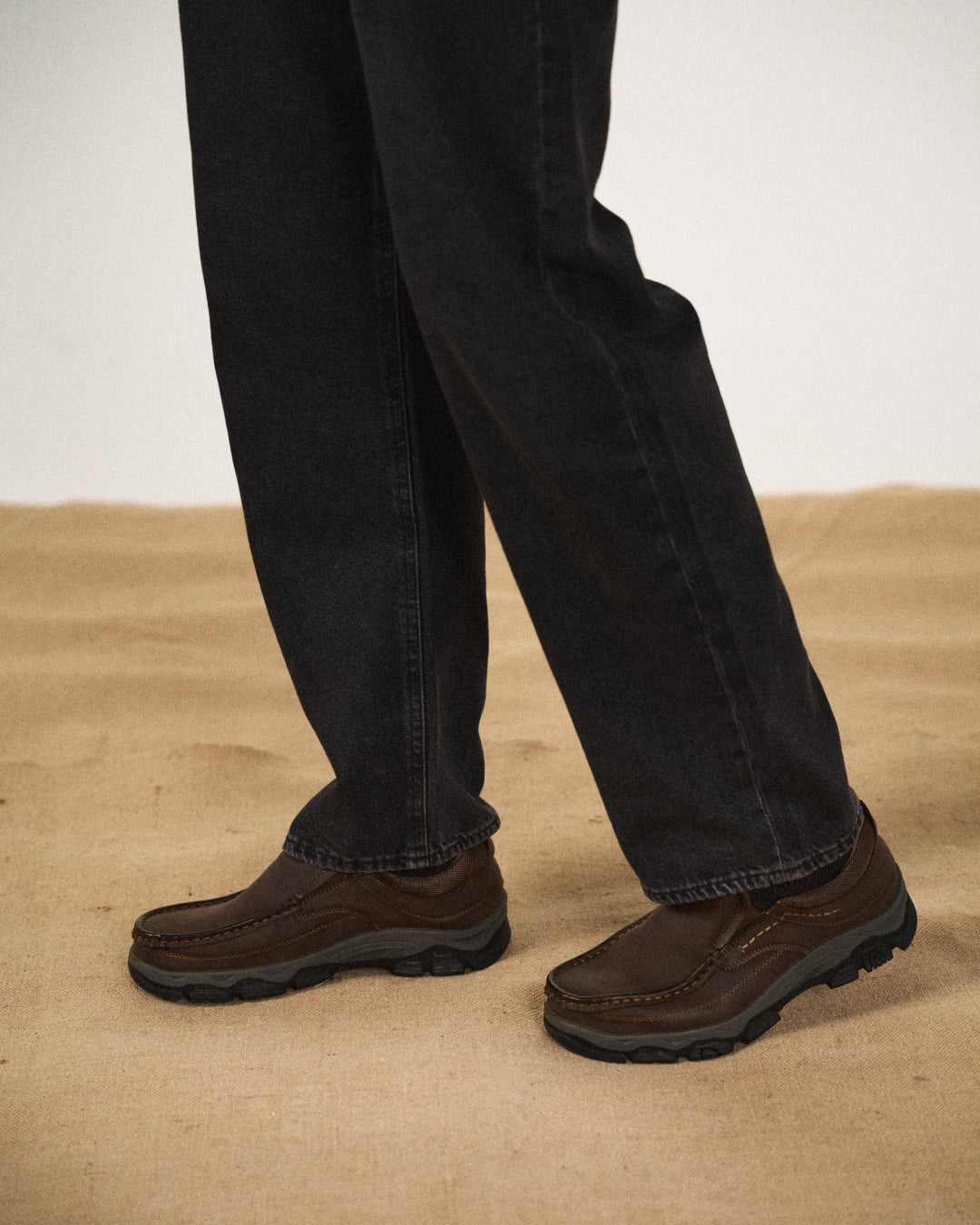 Men's slip-on loafers with moc toe stitching and textured lug soles