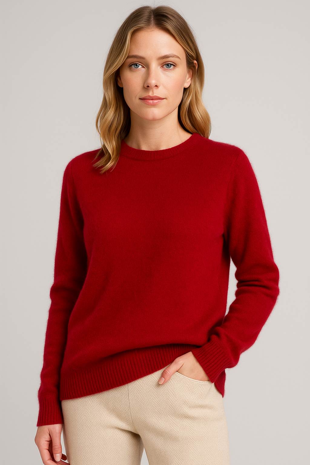 Women's plain crew neck jumper with long sleeves and ribbed trims
