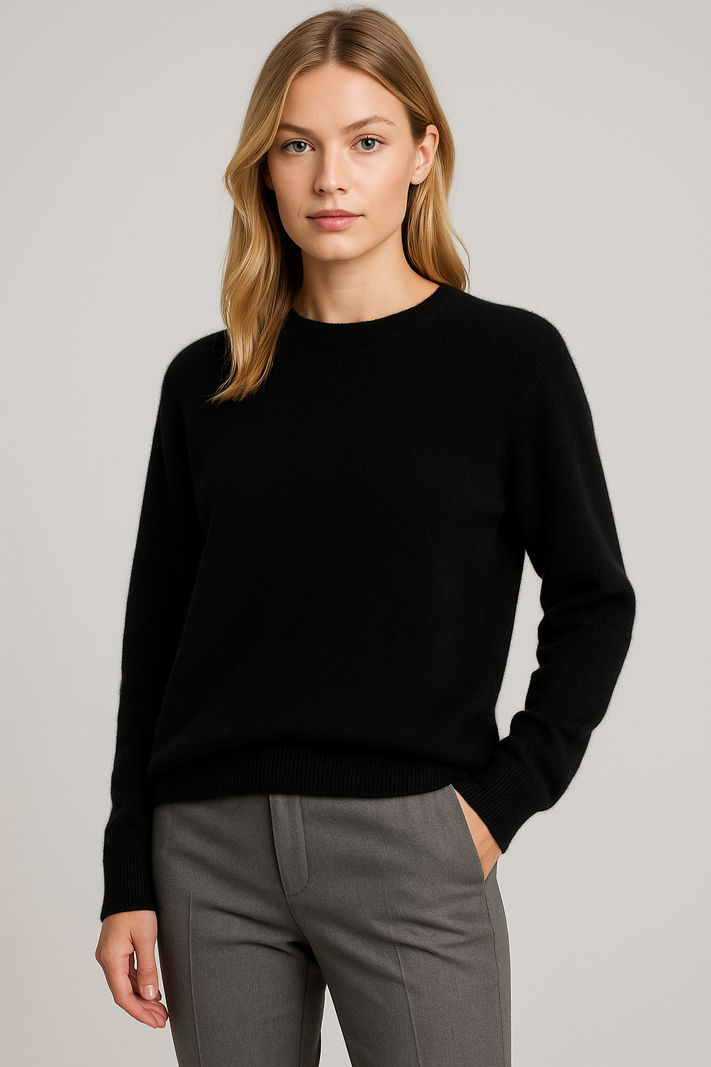 Women's plain crew neck jumper with long sleeves and ribbed trims