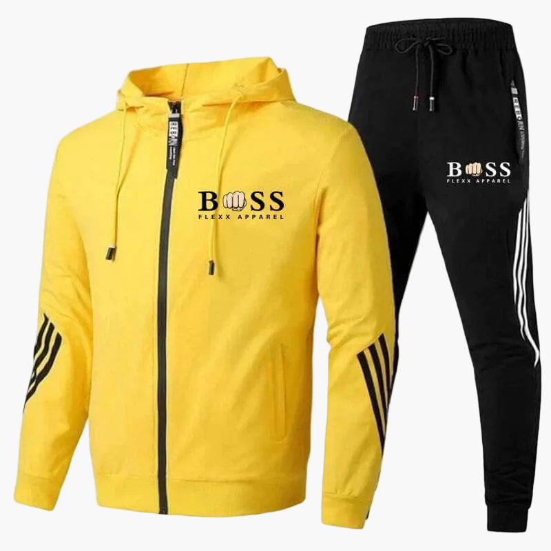 Men's hooded tracksuit set with zip jacket and striped jogger trousers