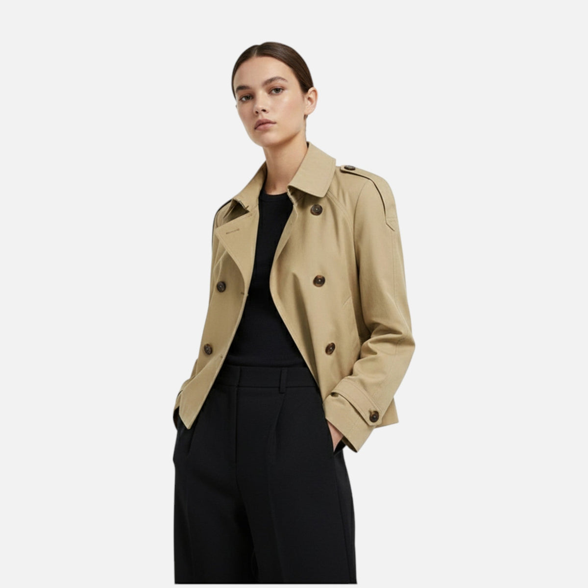 Women's short belted trench jacket with mandarin collar and long sleeves