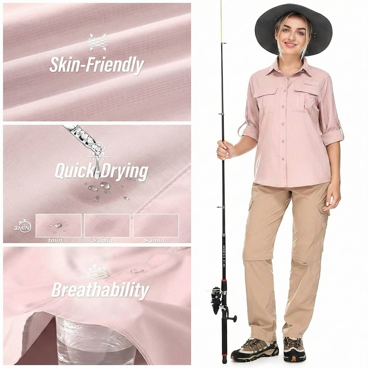 Women's collared utility shirt with chest pockets and roll-tab sleeves
