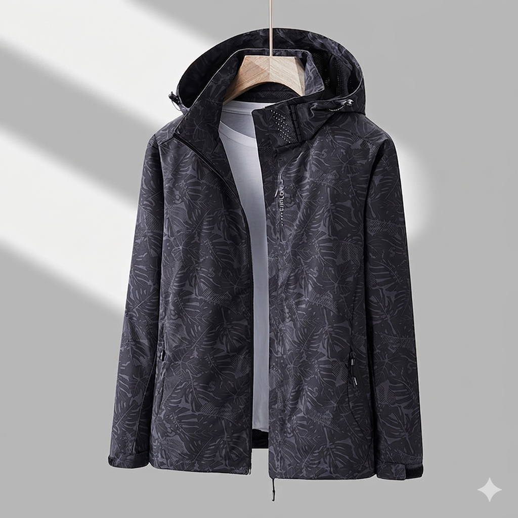 Women's Hooded Jacket Weatherproof Leaf-Print Drawcord - Black