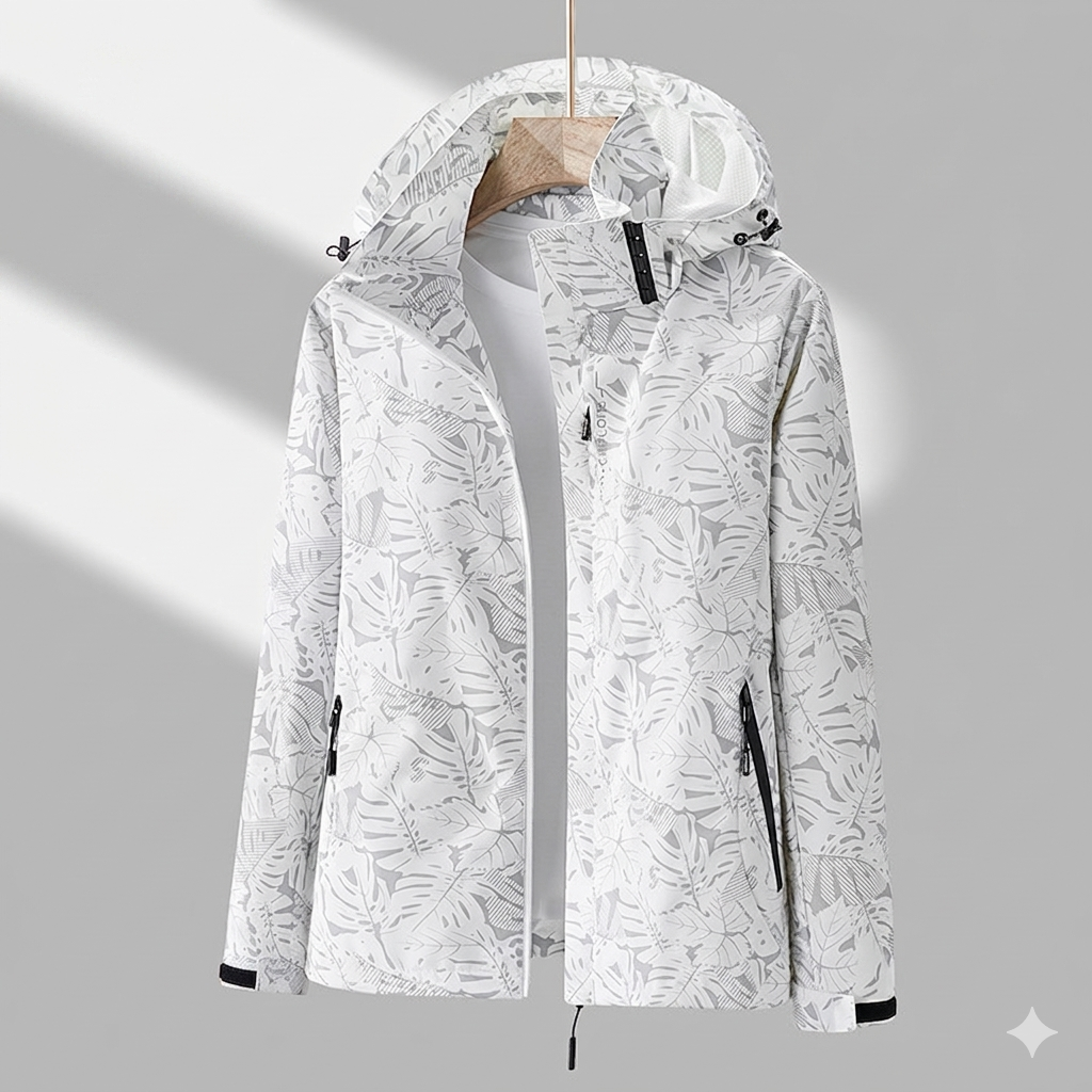 Women's Hooded Jacket Weatherproof Leaf-Print Drawcord - Grey