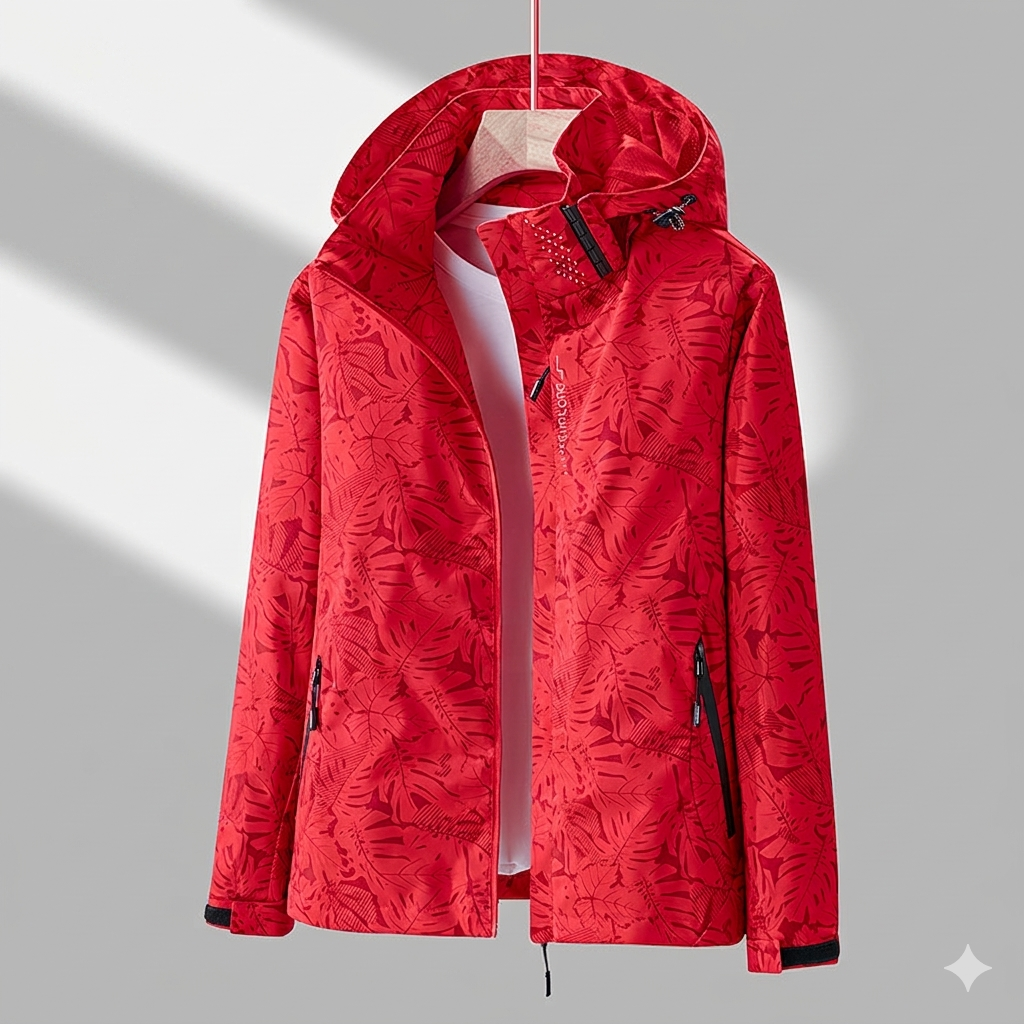 Women's Hooded Jacket Weatherproof Leaf-Print Drawcord - Blue