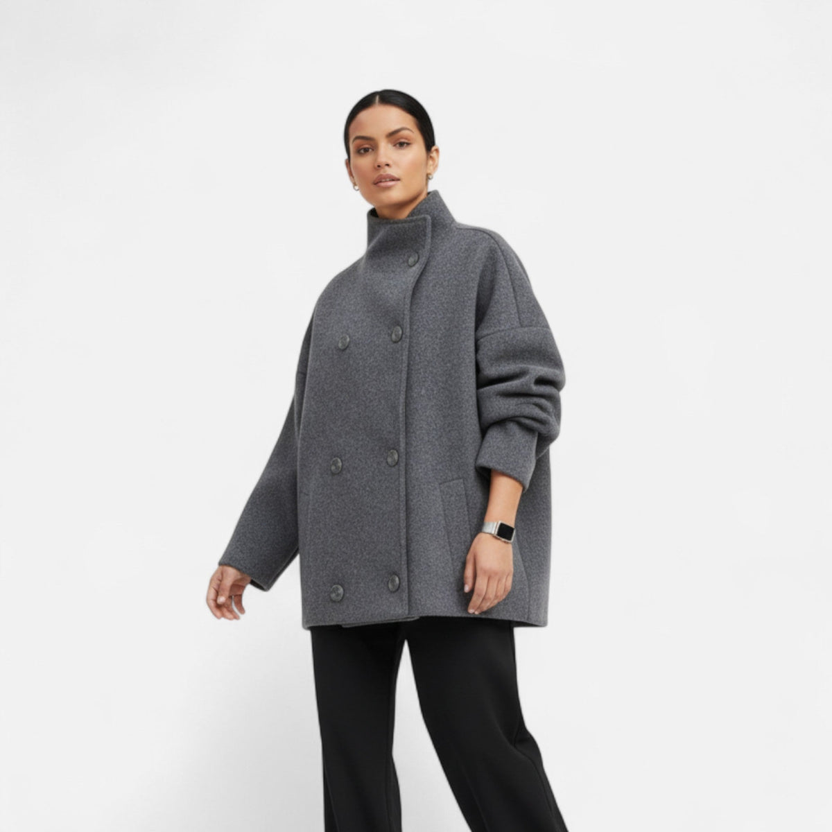 Women's short collared coat with long sleeves and button front