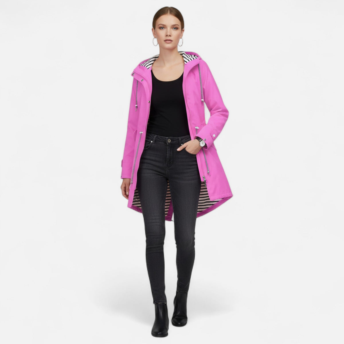Women's hooded longline jacket with striped lining and zipped pockets