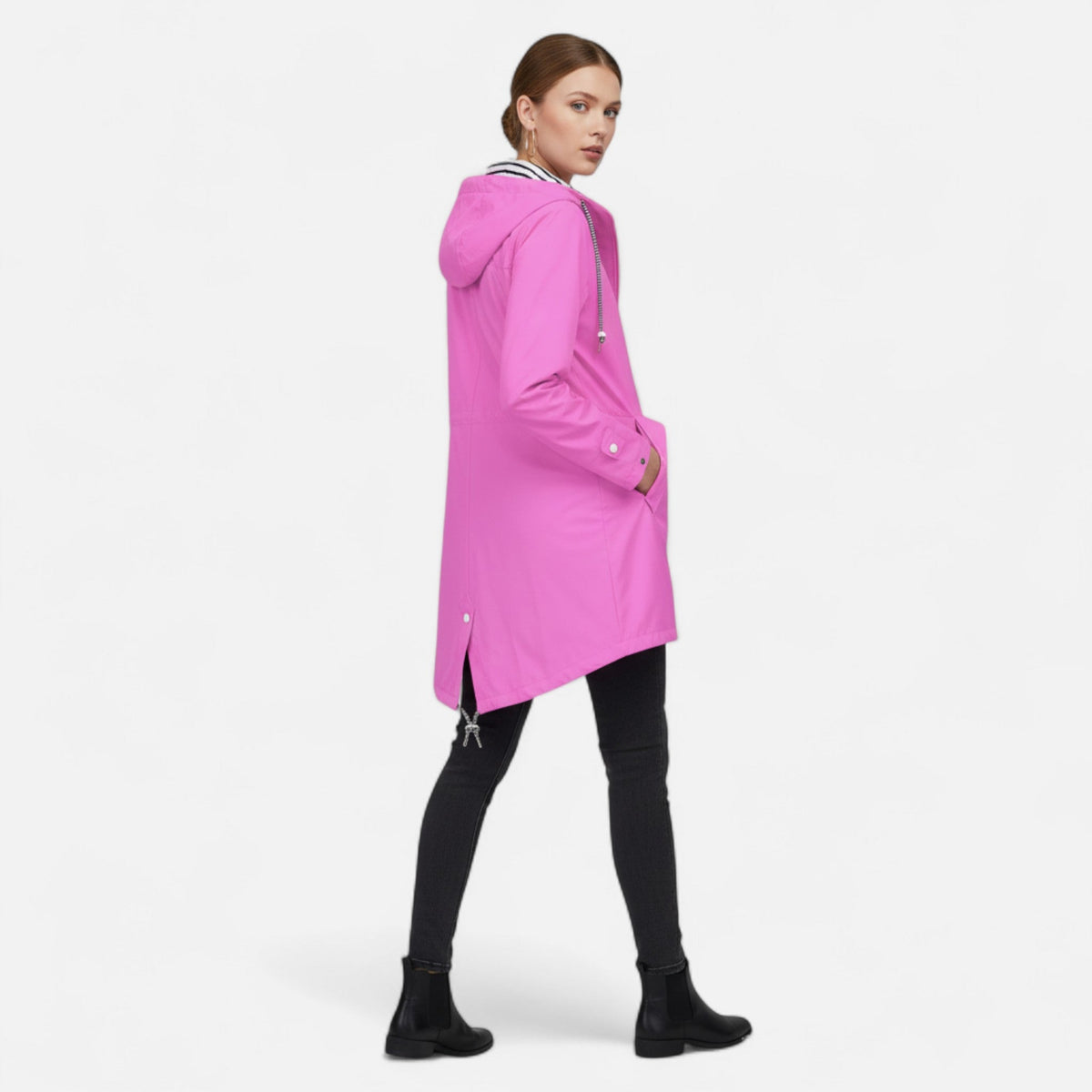 Women's hooded longline jacket with striped lining and zipped pockets