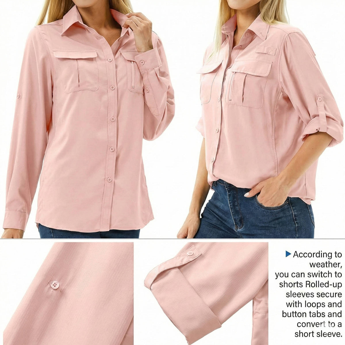 Women's collared utility shirt with chest pockets and roll-tab sleeves