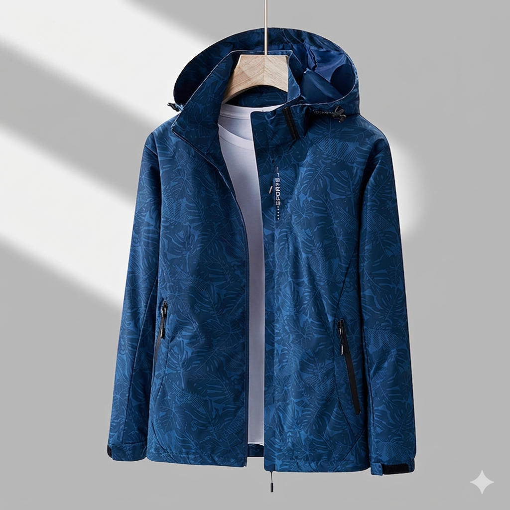 Women's Hooded Jacket Weatherproof Leaf-Print Drawcord - Blue