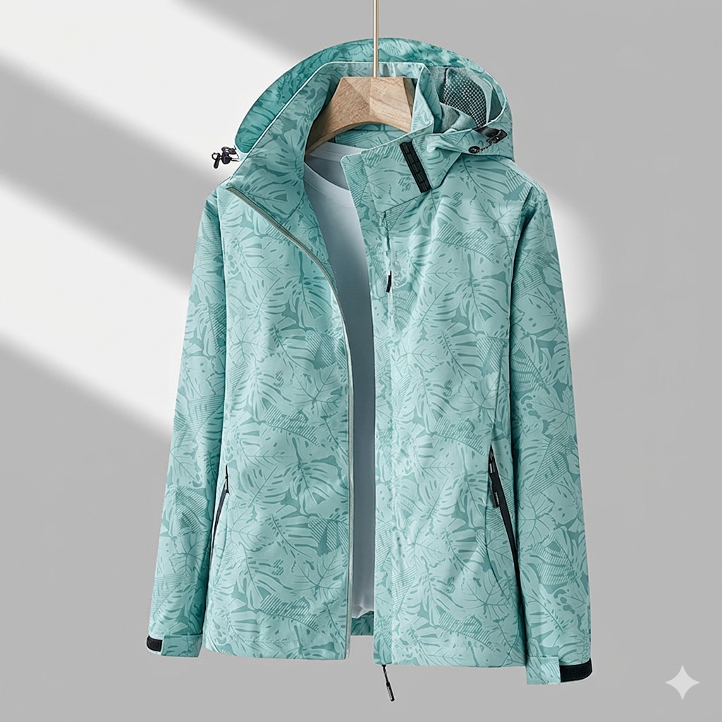 Women's Hooded Jacket Weatherproof Leaf-Print Drawcord - Green