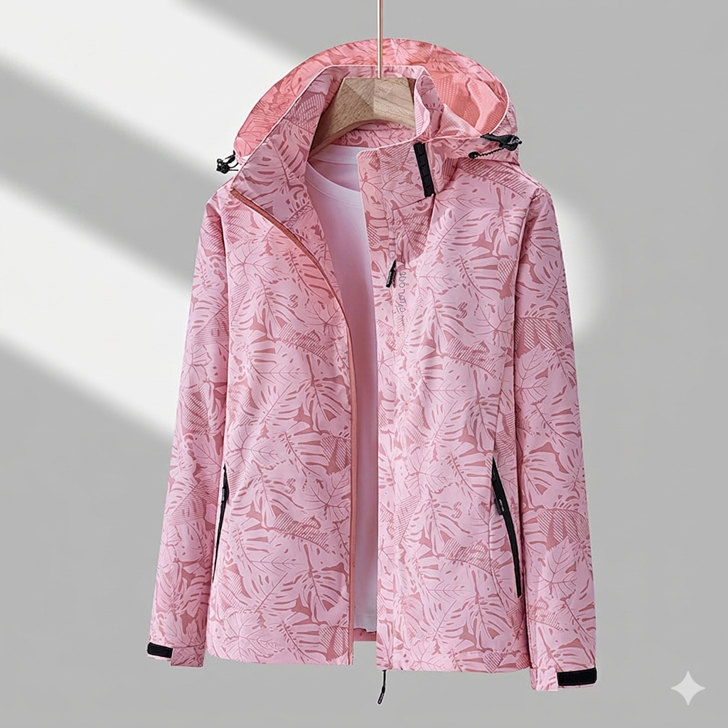 Women's Hooded Jacket Weatherproof Leaf-Print Drawcord - Pink