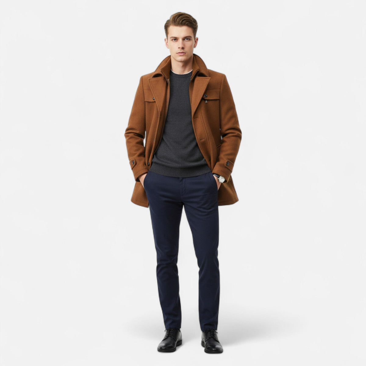 Men's mid-length coat with high collar, buttons, zip fastening and multiple pockets