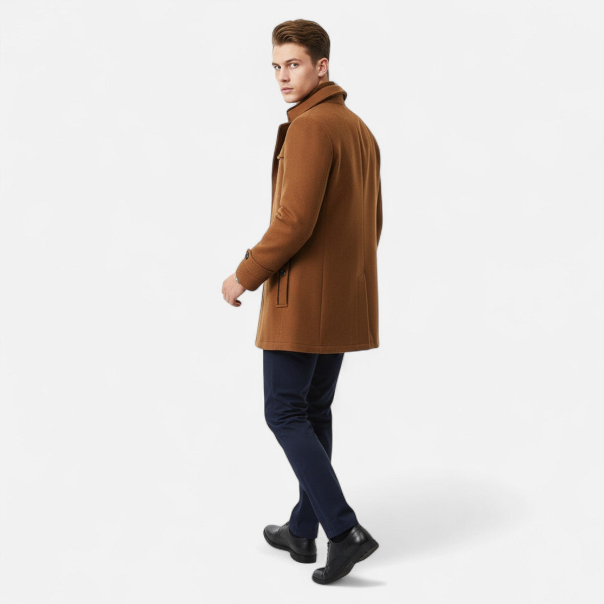 Men's mid-length coat with high collar, buttons, zip fastening and multiple pockets