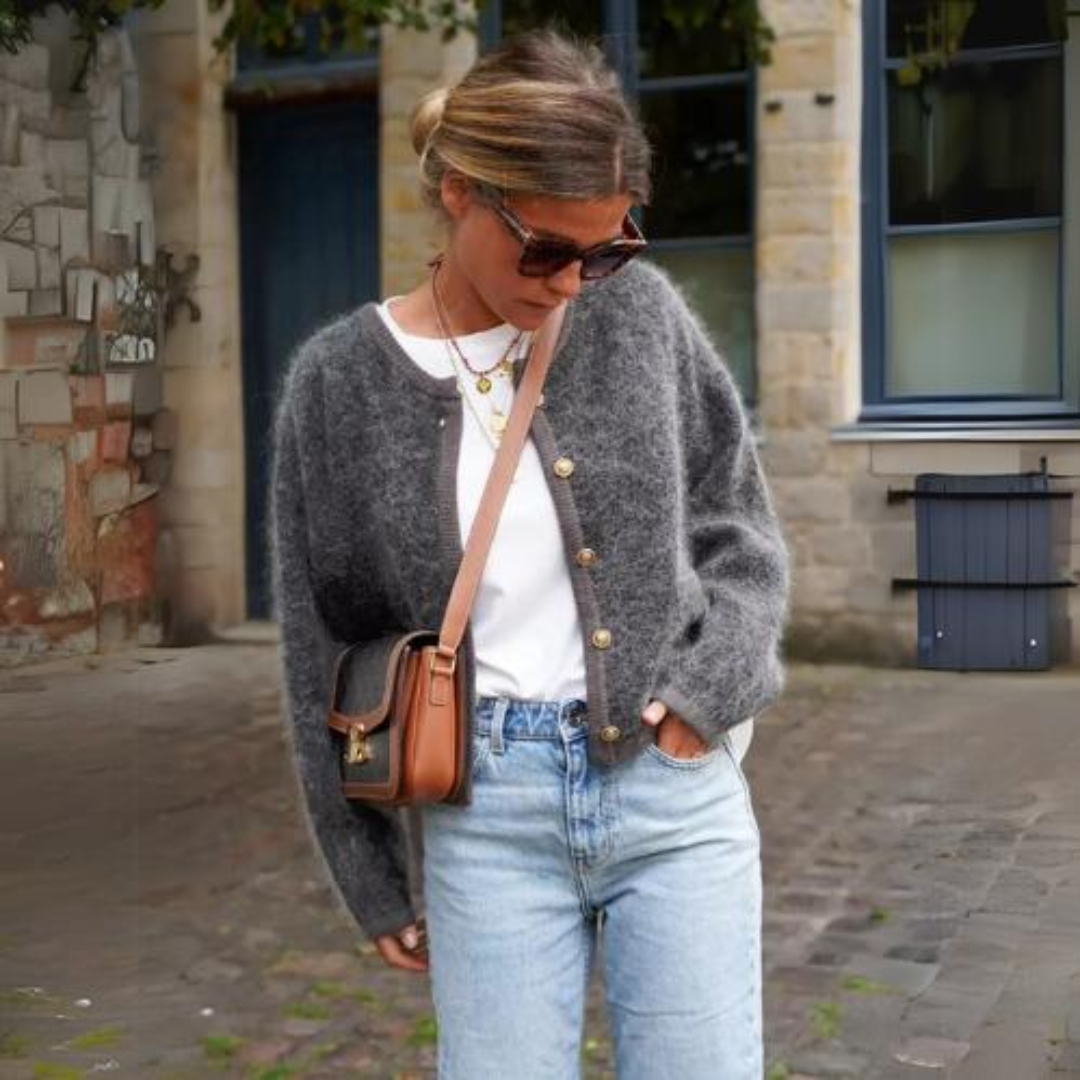 Women's grey fluffy knit cardigan with round neck and front buttons