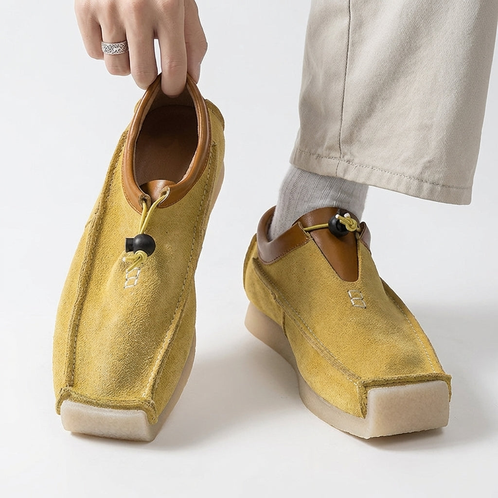 Square-toe loafers with contrast trim, toggle cord fastening and flat soles