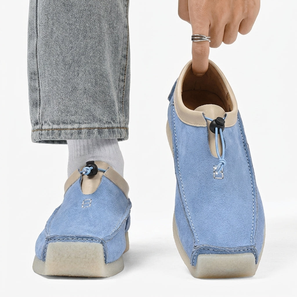 Square-toe loafers with contrast trim, toggle cord fastening and flat soles