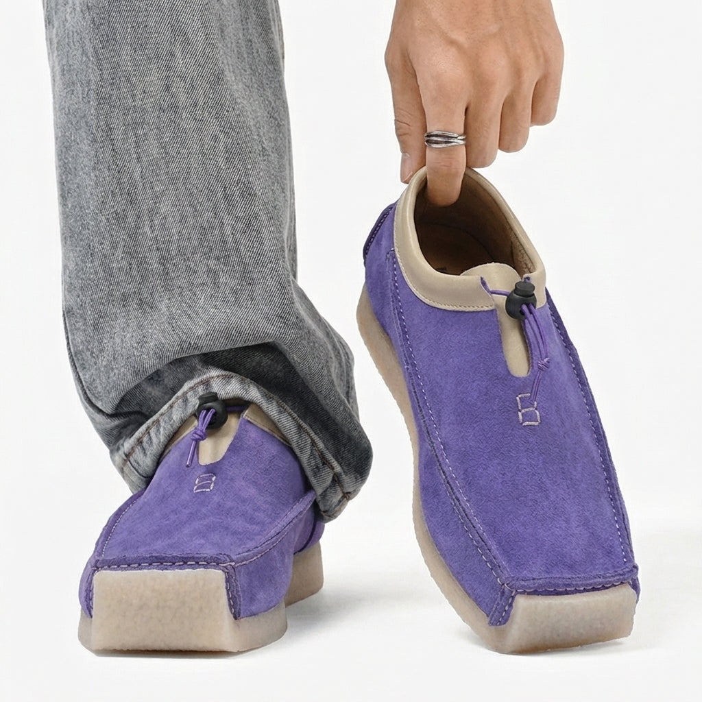 Square-toe loafers with contrast trim, toggle cord fastening and flat soles