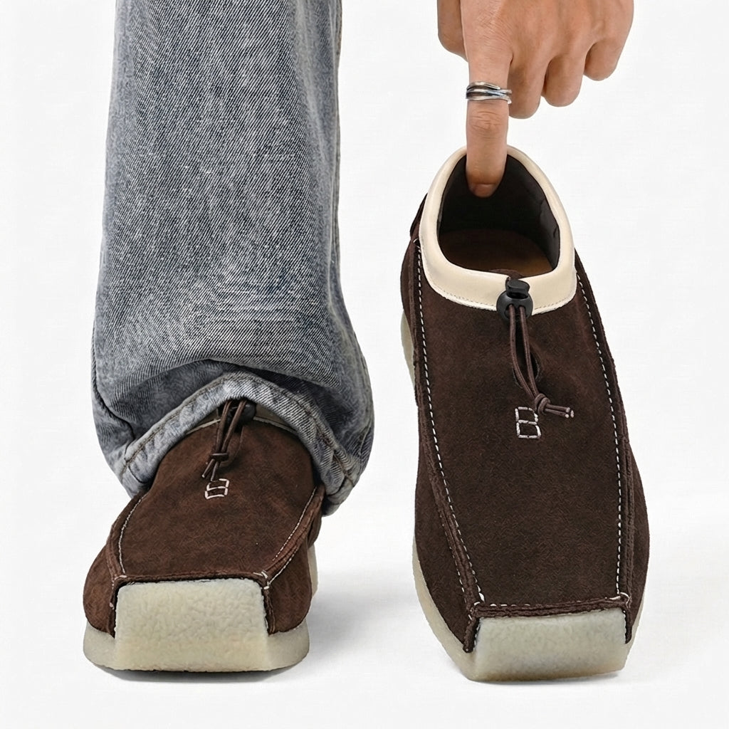 Square-toe loafers with contrast trim, toggle cord fastening and flat soles