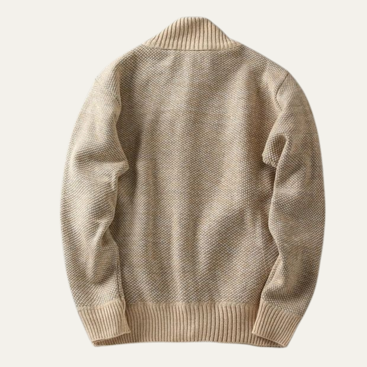 Men's chunky knit zip jacket with ribbed stand collar and front pockets